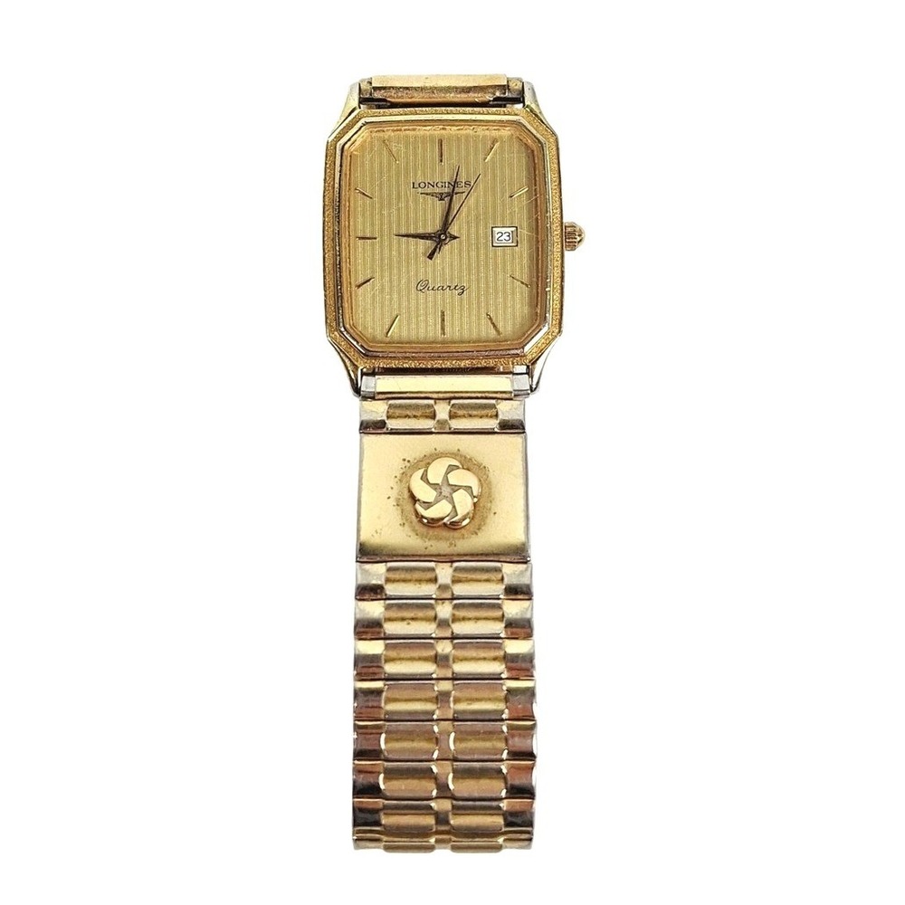Longines Quartz Mens Watch Gold Tone Rectangular Dial Speidel Flex Band Flaws